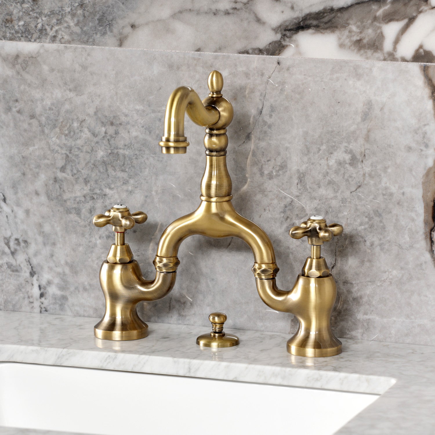 Kingston Heirloom KS7973AX - English Country Two-Handle 3-Hole Deck Mount Bridge Bathroom Faucet with Brass Pop-Up, Antique Brass — thumbnail 2